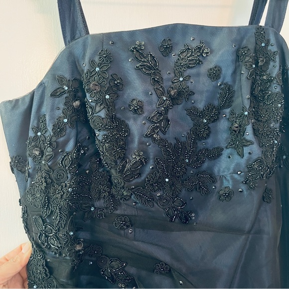 San Carlin Dresses Vintage Navy Embroidered Tulle and Iridescent Satin Maxi Gown - Picture 12 of 15